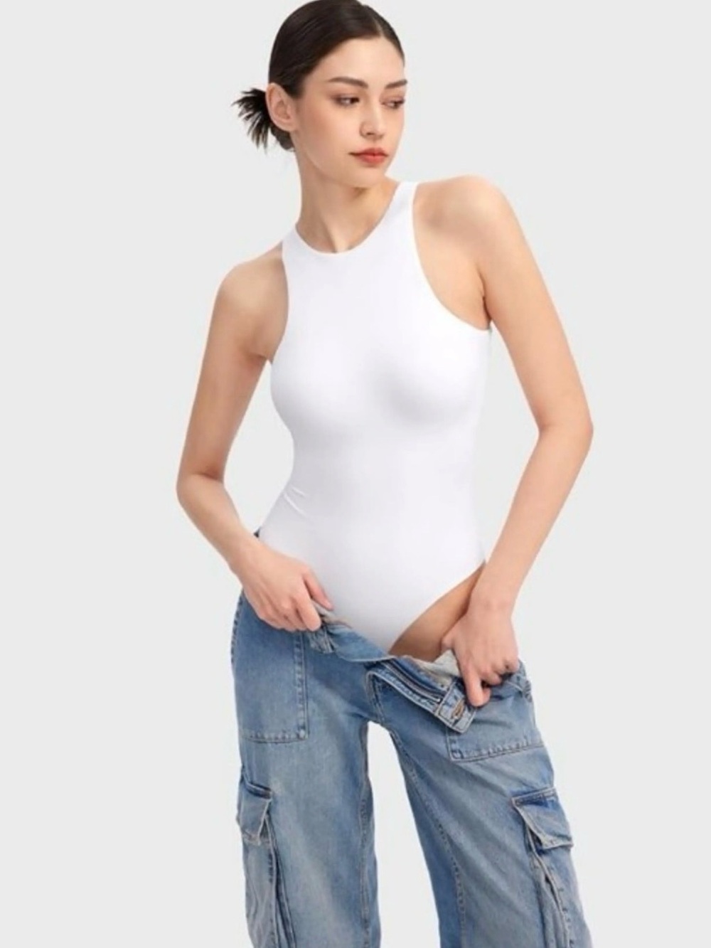 Women's White High-Neck Sleeveless Bodysuit